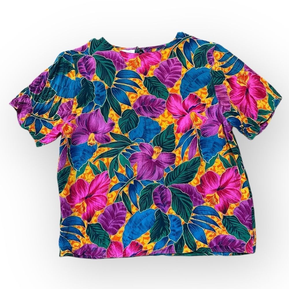 Vintage Tess Silk Blouse Women’s Medium Floral Print Vacation Colorful Top
